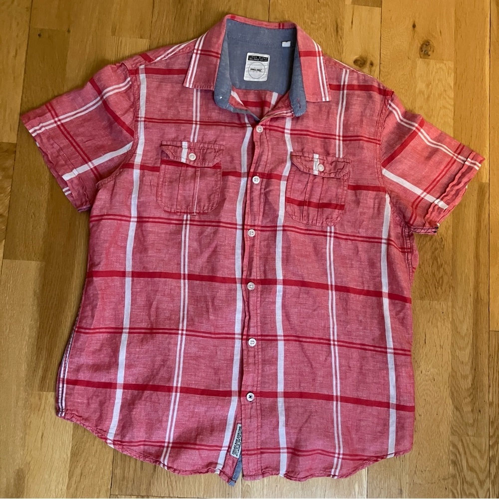 Projek Raw Men's Linen Blend Red Plaid Short Sleeve Shirt